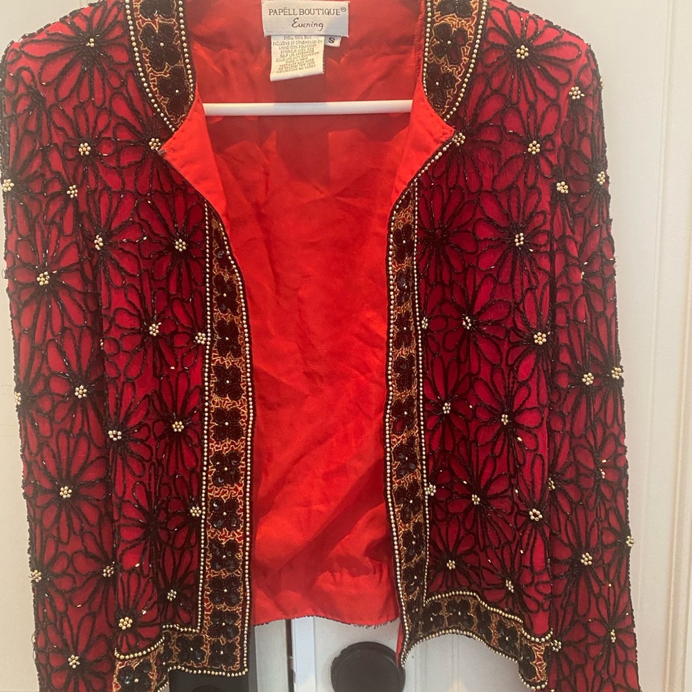 Vintage PAPELL BOUTIQUE Red & Black Silk Beaded Evening Bolero Jacket Sz S